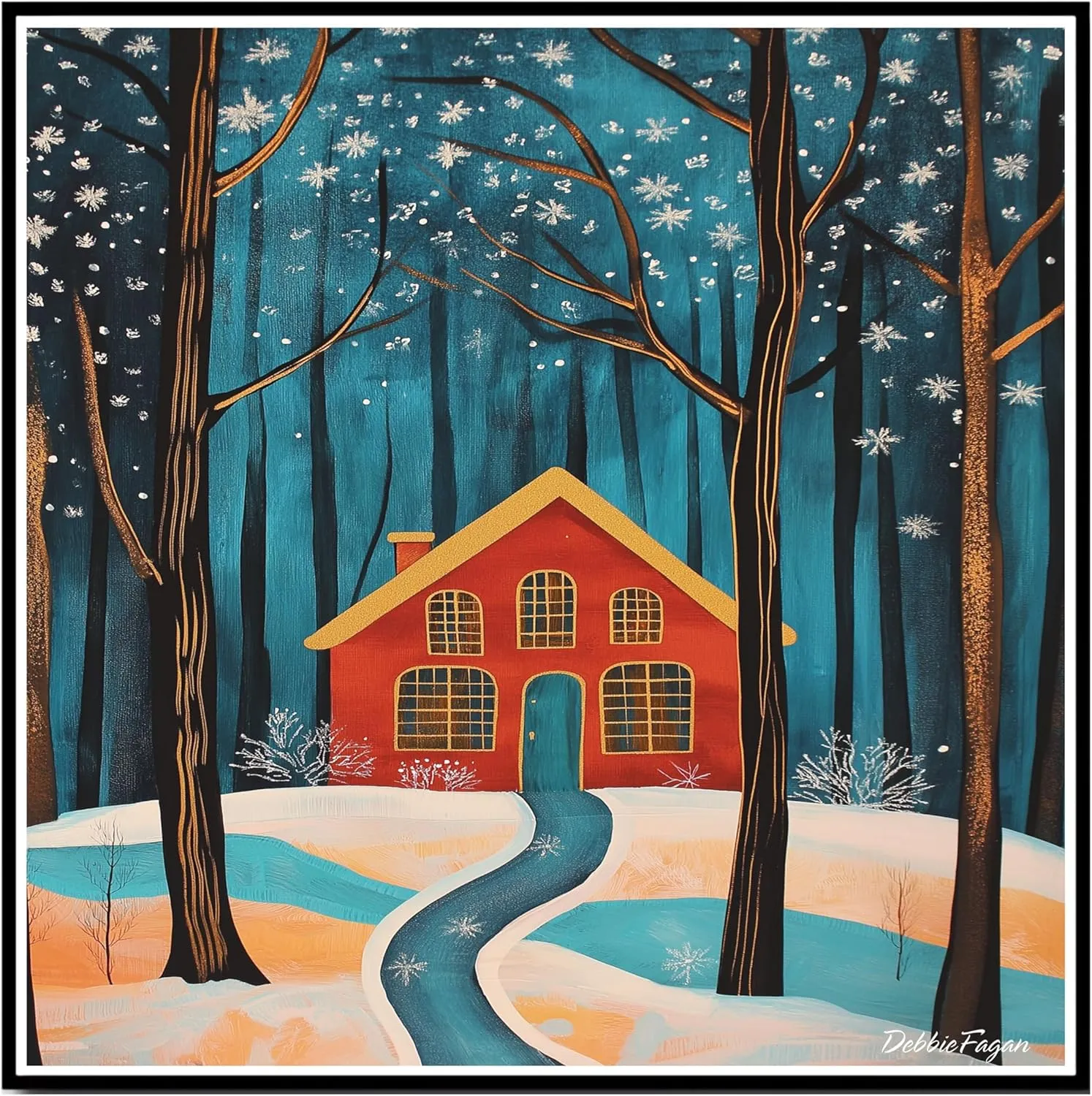 Red House in Snowy Forest with Golden Windows and Winding Path Beneath Falling Snowflakes and Starry Winter Sky on Flat Rolled Canvas -Wall Art Prints for Holiday Decor, 16" x 20"