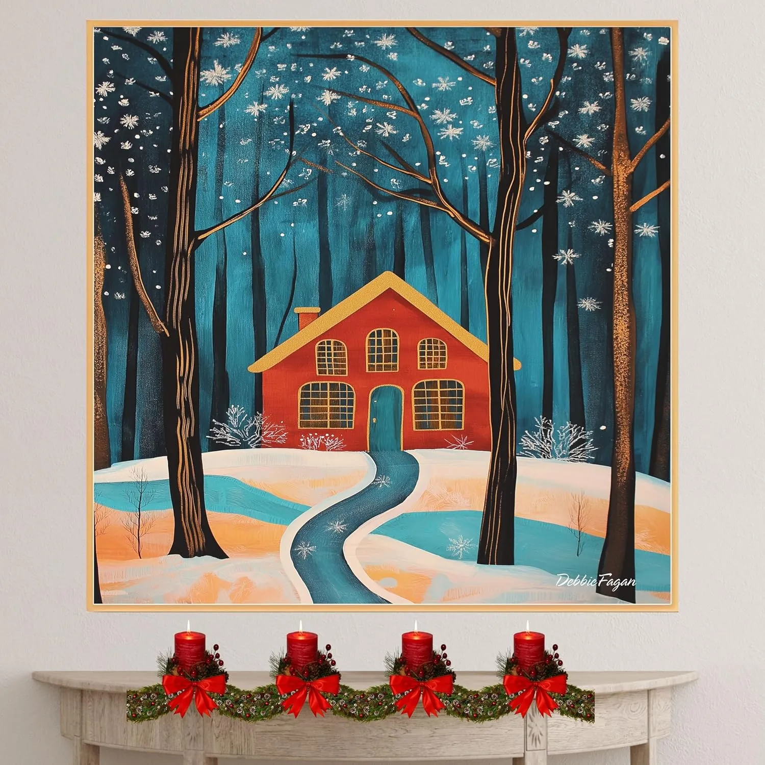 Red House in Snowy Forest with Golden Windows and Winding Path Beneath Falling Snowflakes and Starry Winter Sky on Flat Rolled Canvas -Wall Art Prints for Holiday Decor, 16" x 20"