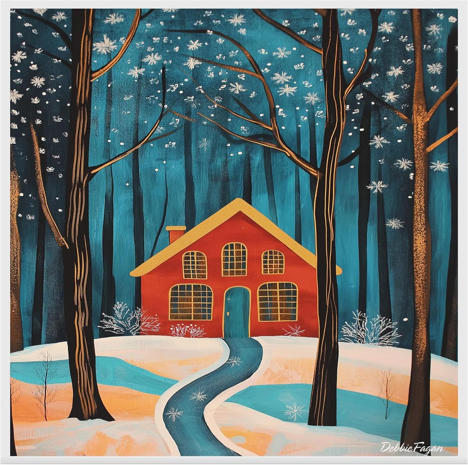 Red House in Snowy Forest with Golden Windows and Winding Path Beneath Falling Snowflakes and Starry Winter Sky on Flat Rolled Canvas -Wall Art Prints for Holiday Decor, 16" x 20"