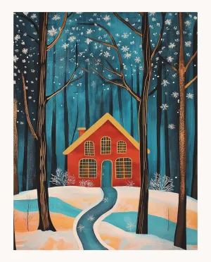 Red House in Snowy Forest with Golden Windows and Winding Path Beneath Falling Snowflakes and Starry Winter Sky on Flat Rolled Canvas -Wall Art Prints for Holiday Decor, 16" x 20"