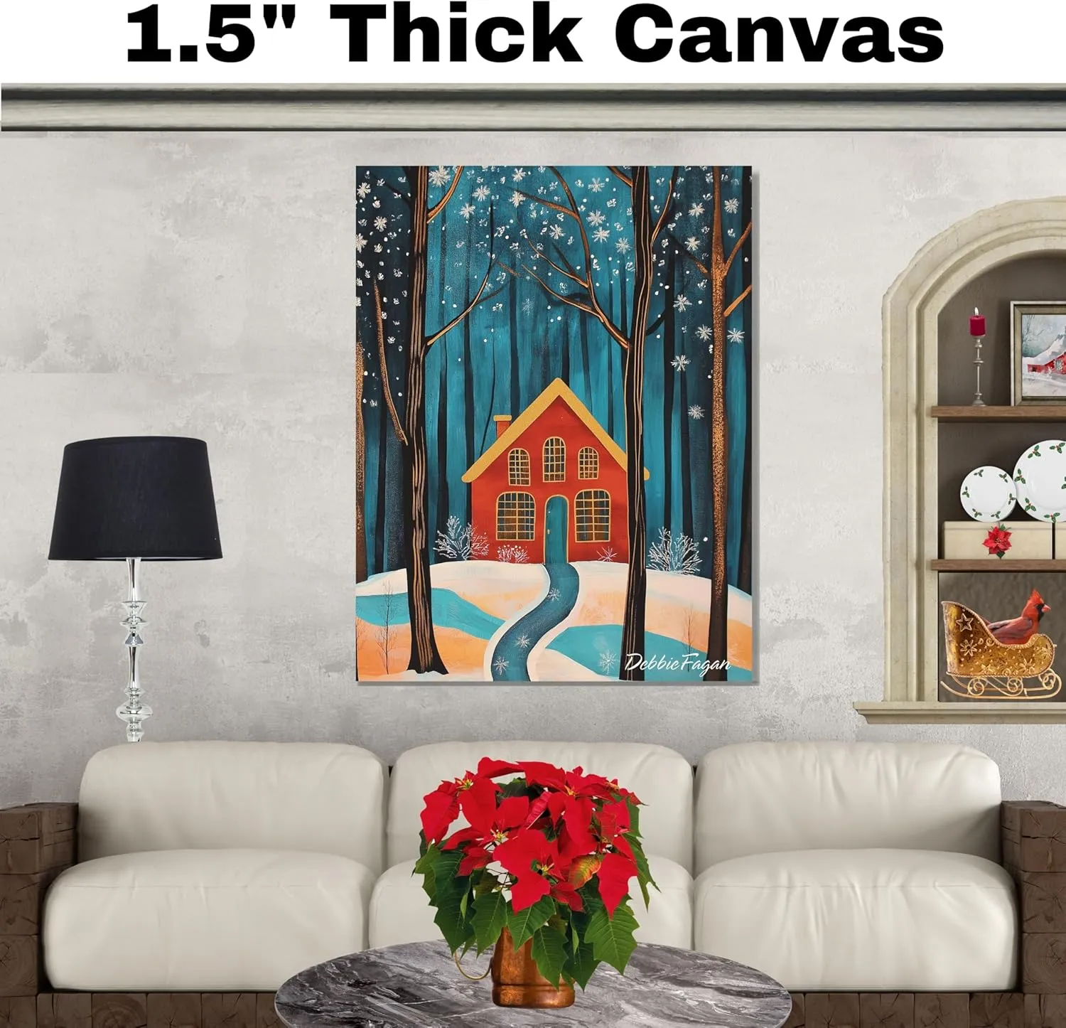 Red House in Snowy Forest with Golden Windows and Winding Path Beneath Falling Snowflakes and Starry Winter Sky on Flat Rolled Canvas -Wall Art Prints for Holiday Decor, 16" x 20"