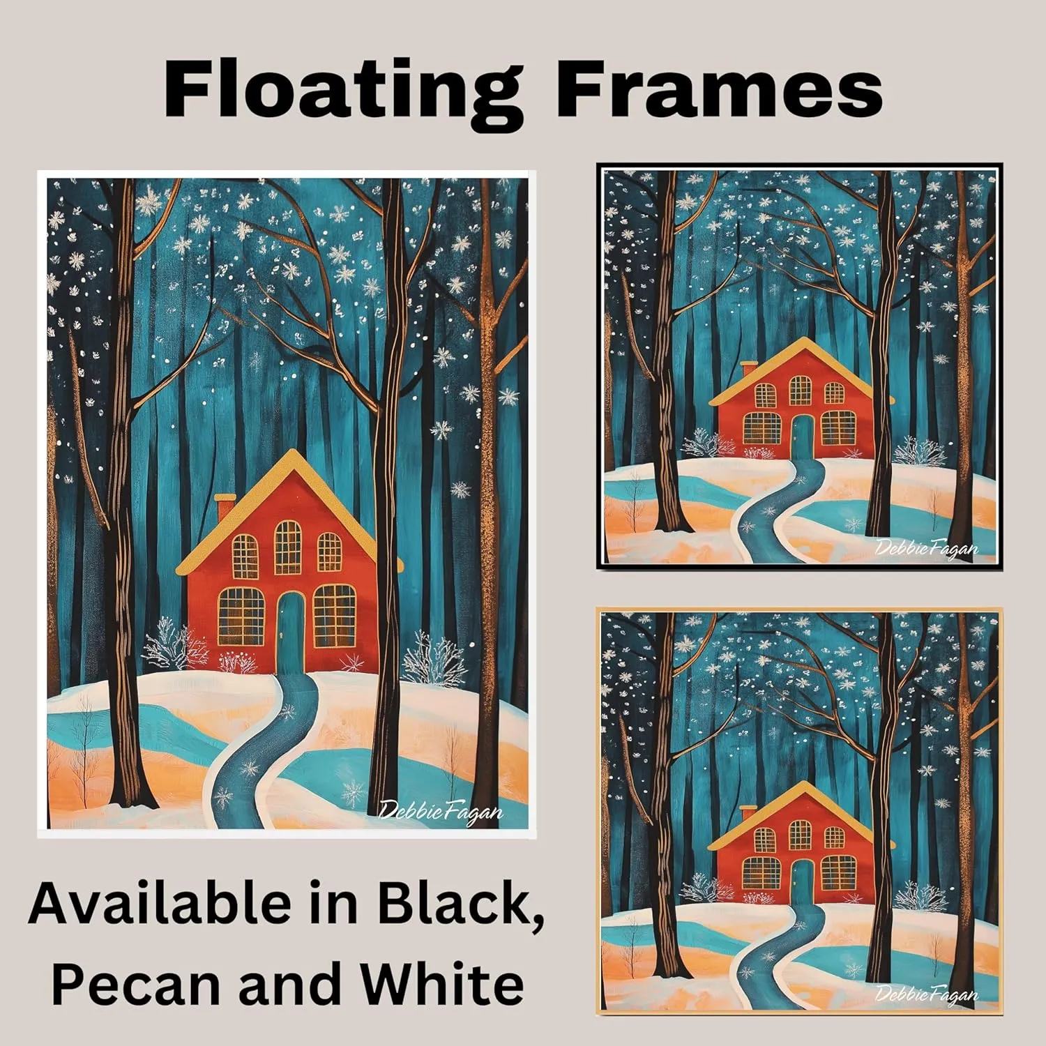 Red House in Snowy Forest with Golden Windows and Winding Path Beneath Falling Snowflakes and Starry Winter Sky on Flat Rolled Canvas -Wall Art Prints for Holiday Decor, 16" x 20"