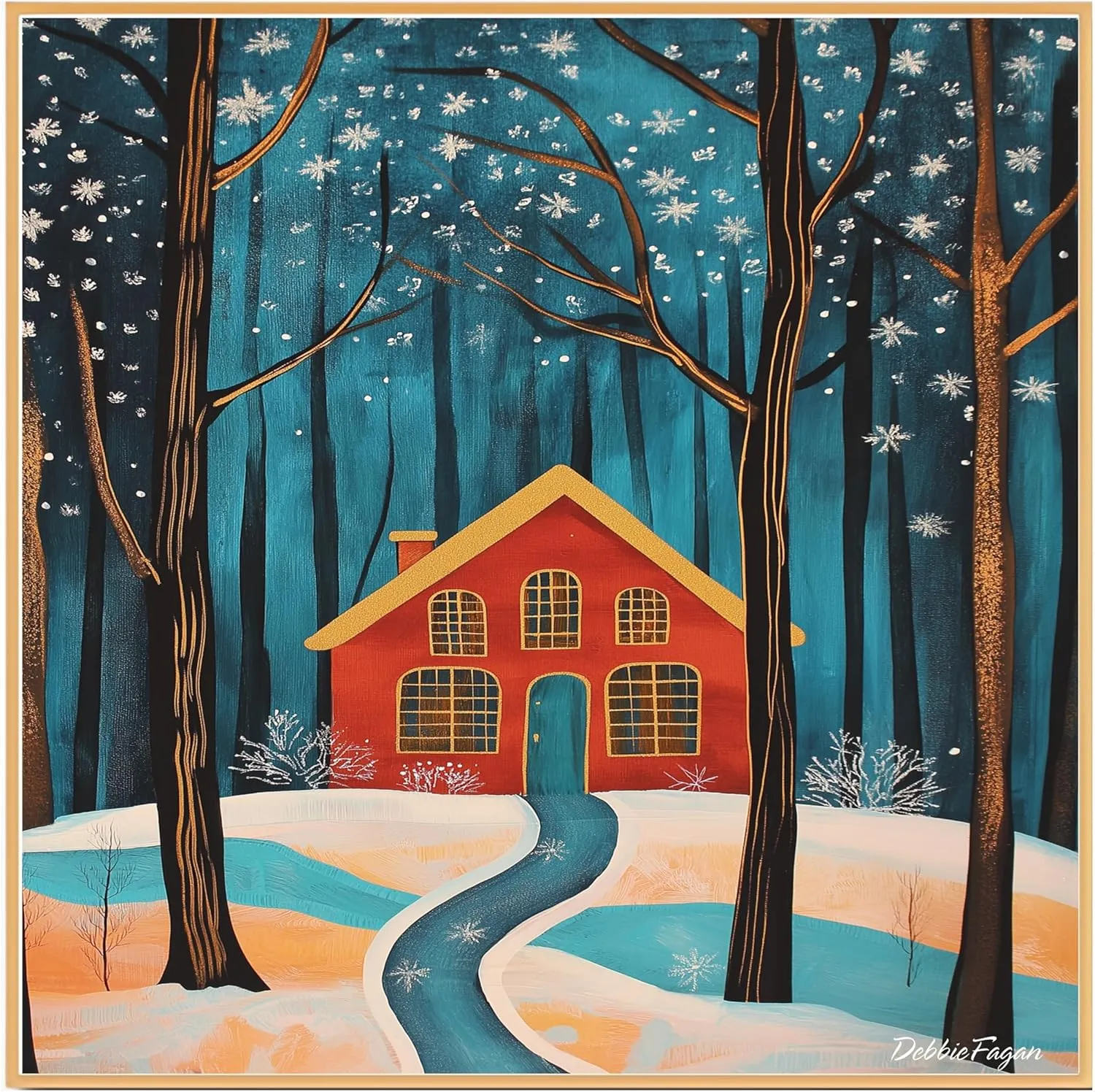 Red House in Snowy Forest with Golden Windows and Winding Path Beneath Falling Snowflakes and Starry Winter Sky on Flat Rolled Canvas -Wall Art Prints for Holiday Decor, 16" x 20"