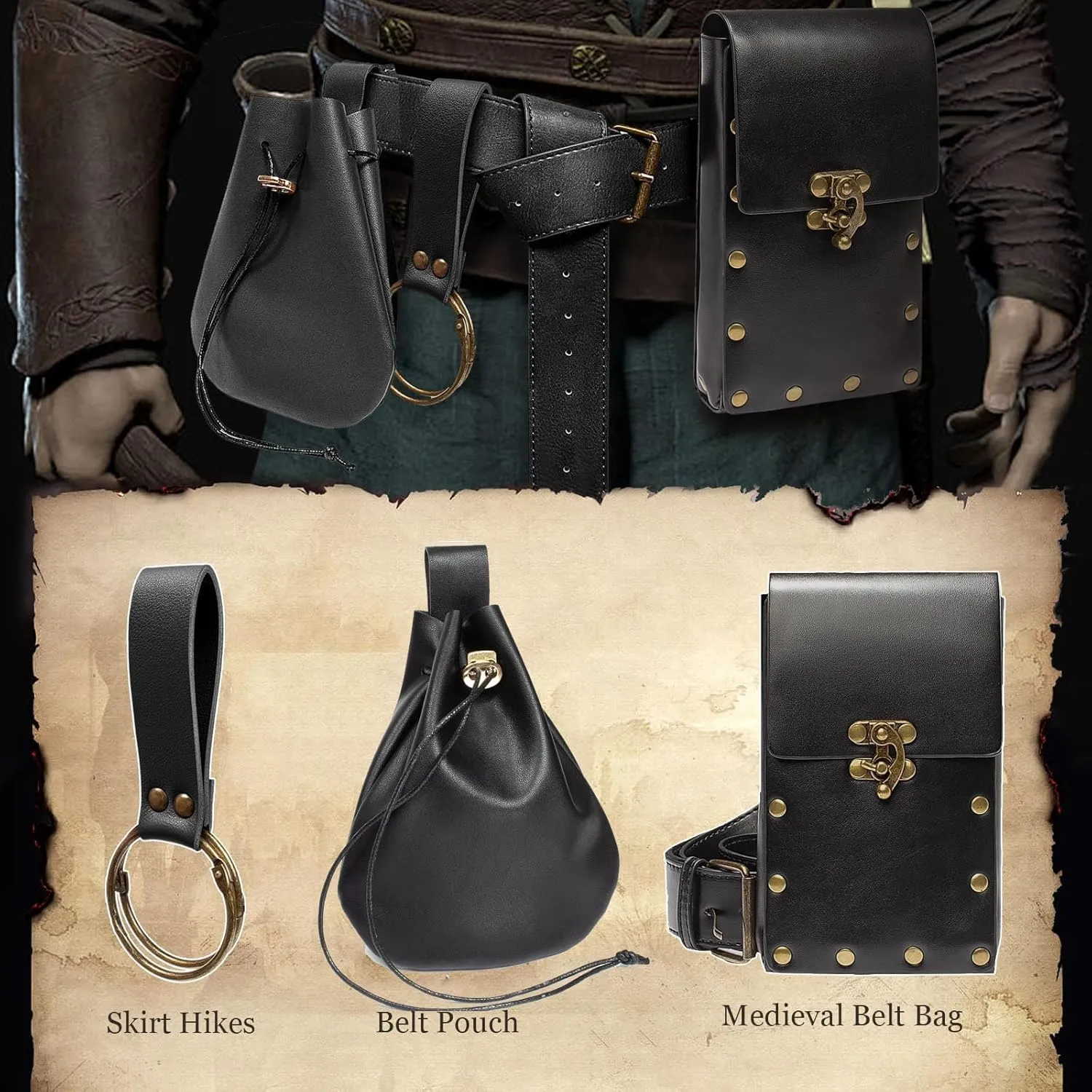 Ren Faire Costume Accessories Medieval Belt Pouch Coin Purse Skirt Hike Sets Festival Halloween Casual Fanny Pack Waist Bag (2-Black)