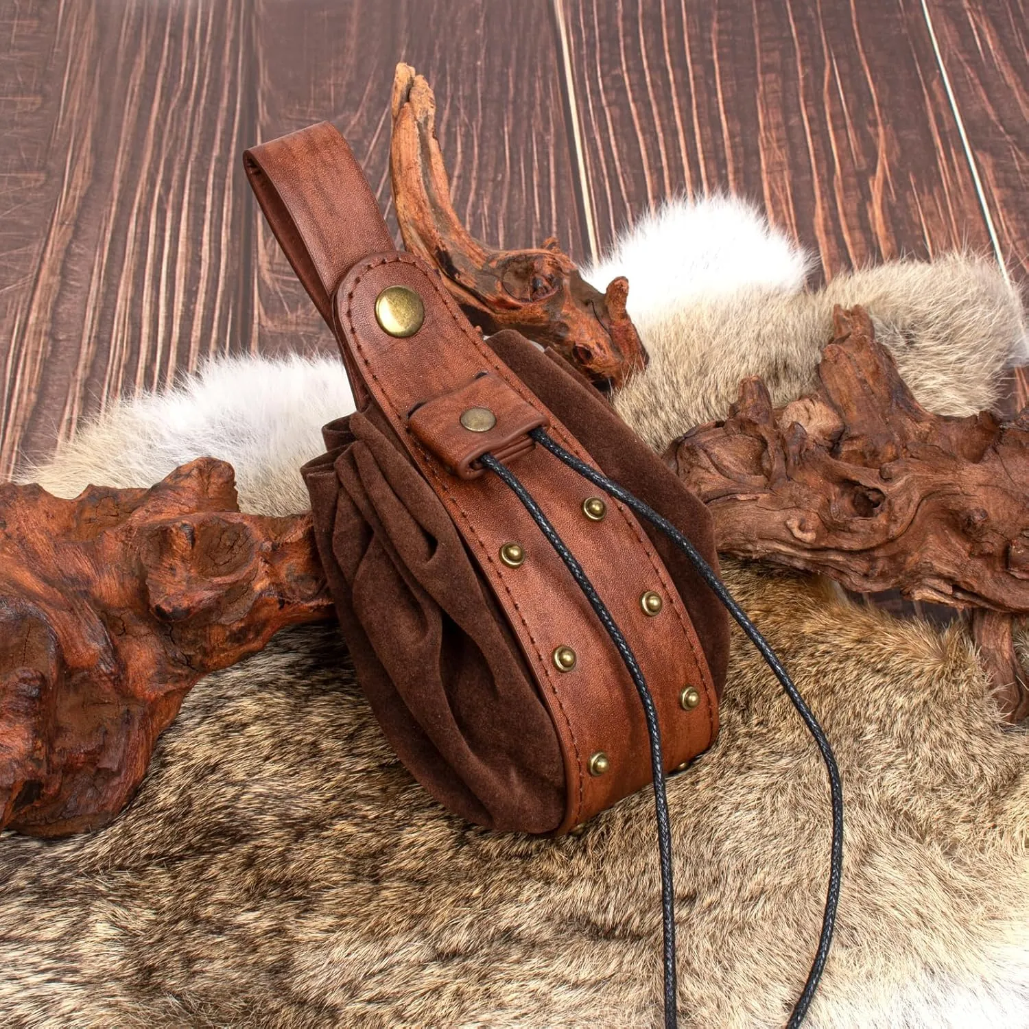 Renaissance Belt Pouch Coin Purse Skirt Hike Set Medieval Festival Costume Halloween Accessories Casual Fanny Pack Waist Bag (Pouch & Bottle-Brown)