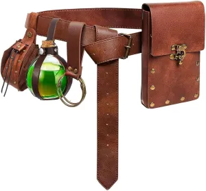 Renaissance Belt Pouch Coin Purse Skirt Hike Set Medieval Festival Costume Halloween Accessories Casual Fanny Pack Waist Bag (Pouch & Bottle-Brown)