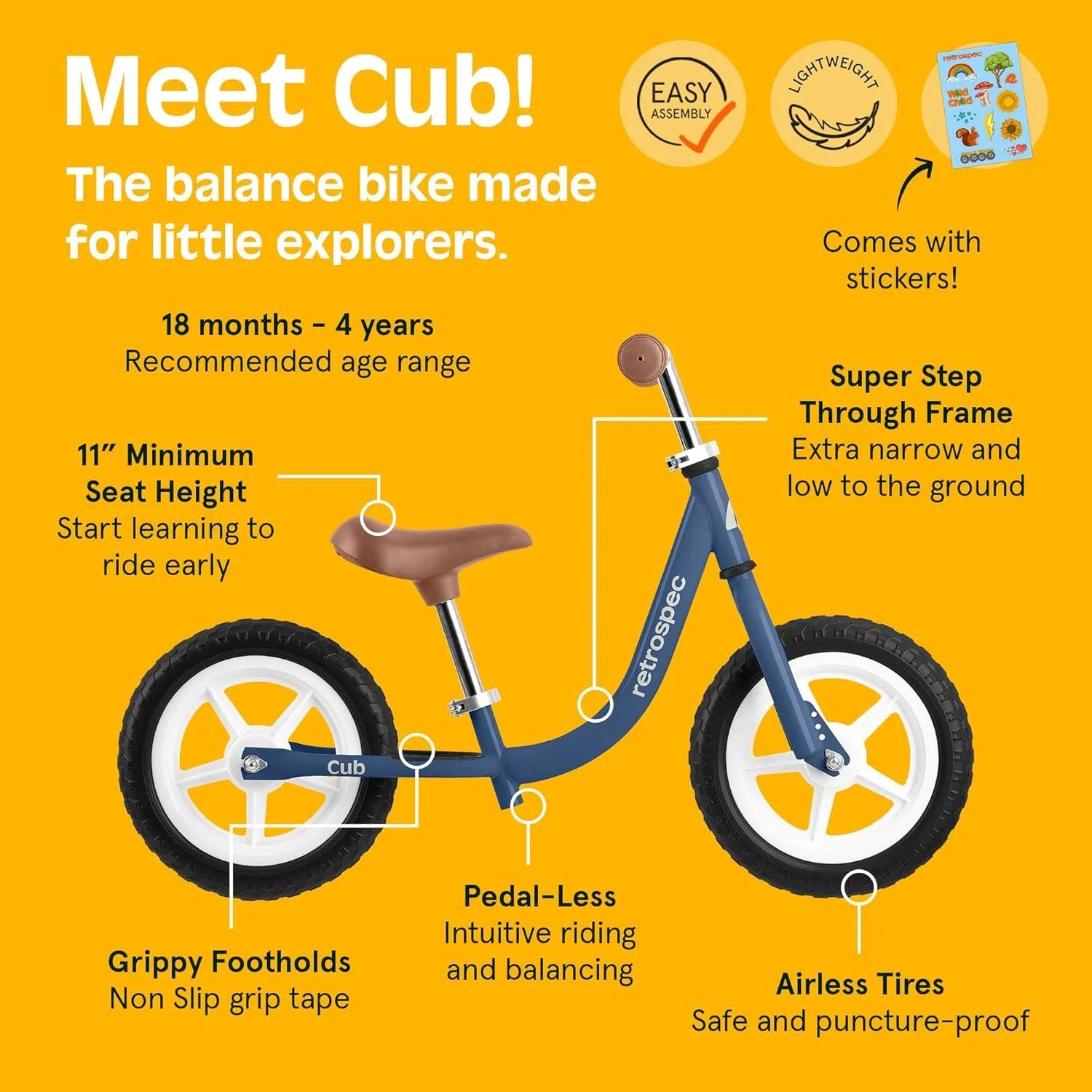 Retrospec Cub Toddler 12" Balance Bike, 18 Months - 3 Years Old, No Pedal Beginner Kids Bicycle for Girls & Boys, Flat-Free Tires, Adjustable Seat, & Durable Frame