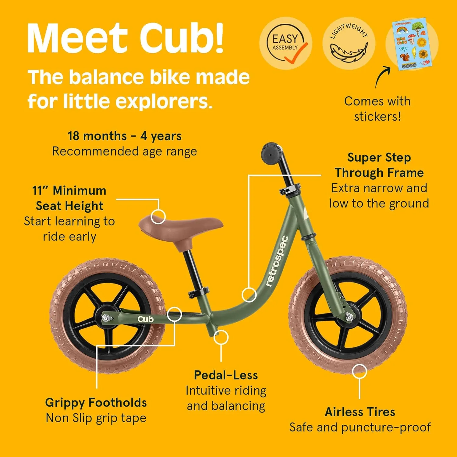 Retrospec Cub Toddler 12" Balance Bike, 18 Months - 3 Years Old, No Pedal Beginner Kids Bicycle for Girls & Boys, Flat-Free Tires, Adjustable Seat, & Durable Frame