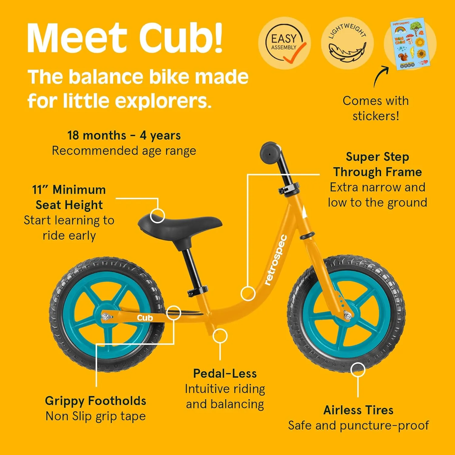 Retrospec Cub Toddler 12" Balance Bike, 18 Months - 3 Years Old, No Pedal Beginner Kids Bicycle for Girls & Boys, Flat-Free Tires, Adjustable Seat, & Durable Frame