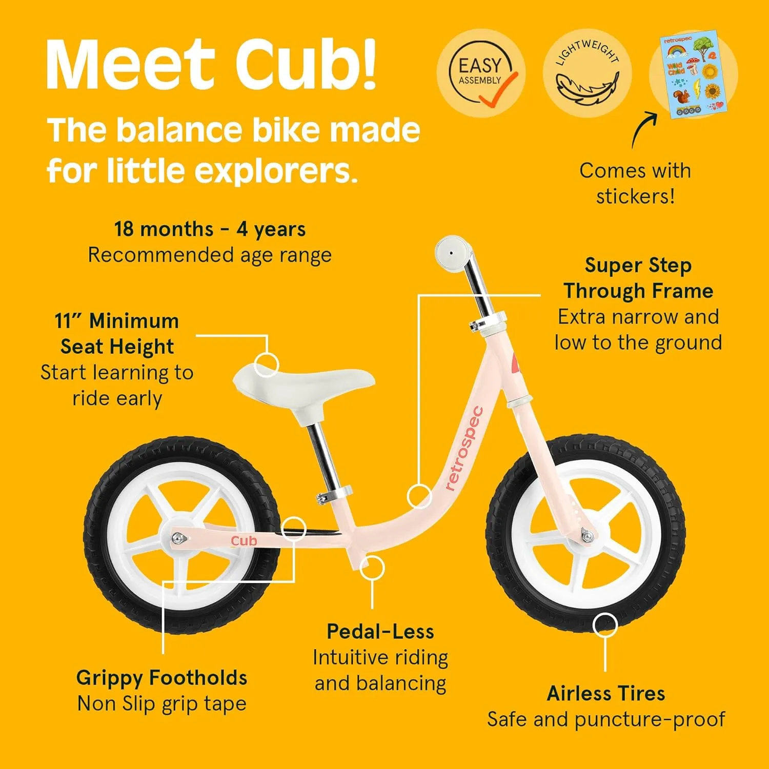 Retrospec Cub Toddler 12" Balance Bike, 18 Months - 3 Years Old, No Pedal Beginner Kids Bicycle for Girls & Boys, Flat-Free Tires, Adjustable Seat, & Durable Frame
