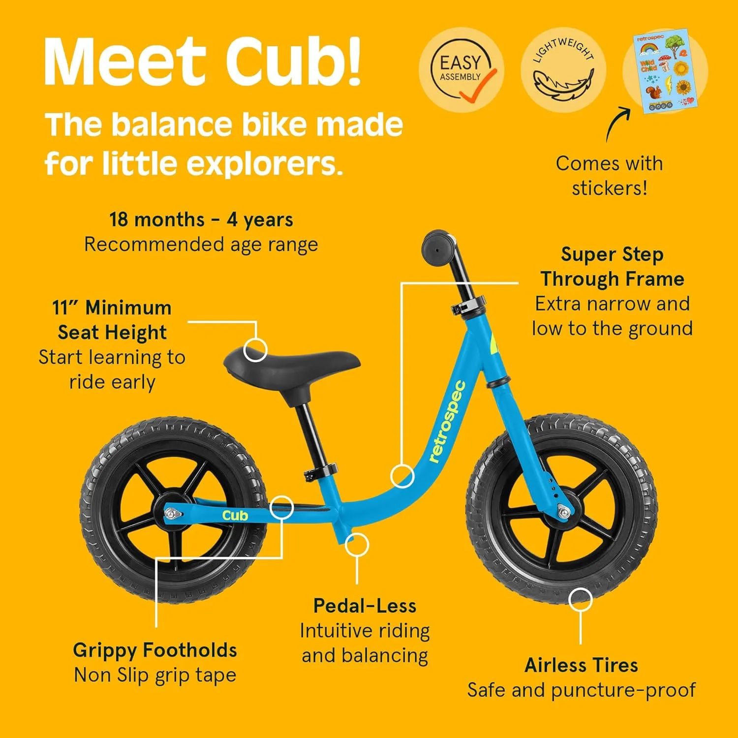 Retrospec Cub Toddler 12" Balance Bike, 18 Months - 3 Years Old, No Pedal Beginner Kids Bicycle for Girls & Boys, Flat-Free Tires, Adjustable Seat, & Durable Frame