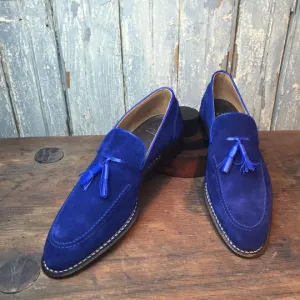 Royal Blue Tassel Moccasins, Slip-On Suede Loafers