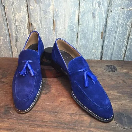 Royal Blue Tassel Moccasins, Slip-On Suede Loafers