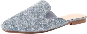 SAFECAMS Women's Glitter Rhinestone Flat Mules Comfortable Square Toe Casual Slip on Slides Loafer Ladies Sparkly Crystal Baotou Clogs Slippers