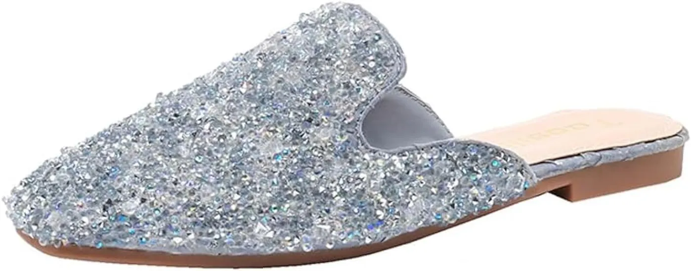SAFECAMS Women's Glitter Rhinestone Flat Mules Comfortable Square Toe Casual Slip on Slides Loafer Ladies Sparkly Crystal Baotou Clogs Slippers