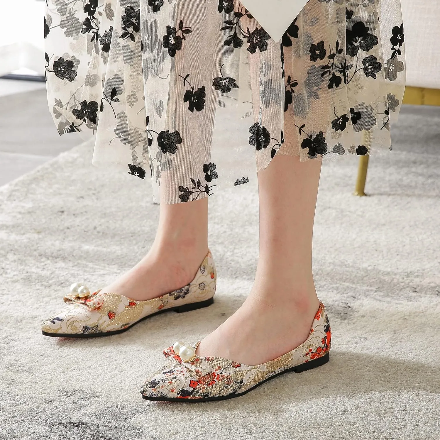 SAILING LU Bow-Knot Ballet Flats for Women Pointy Toe Sequins Dressy Shoes Womens Comfortable Slip on Loafers Light Weight