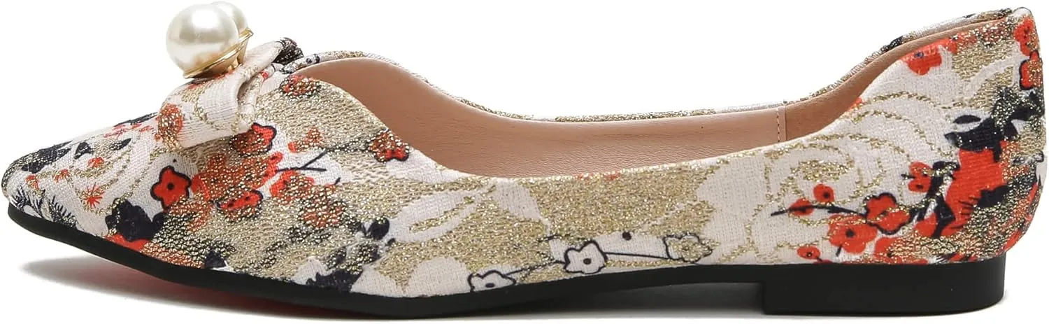 SAILING LU Bow-Knot Ballet Flats for Women Pointy Toe Sequins Dressy Shoes Womens Comfortable Slip on Loafers Light Weight