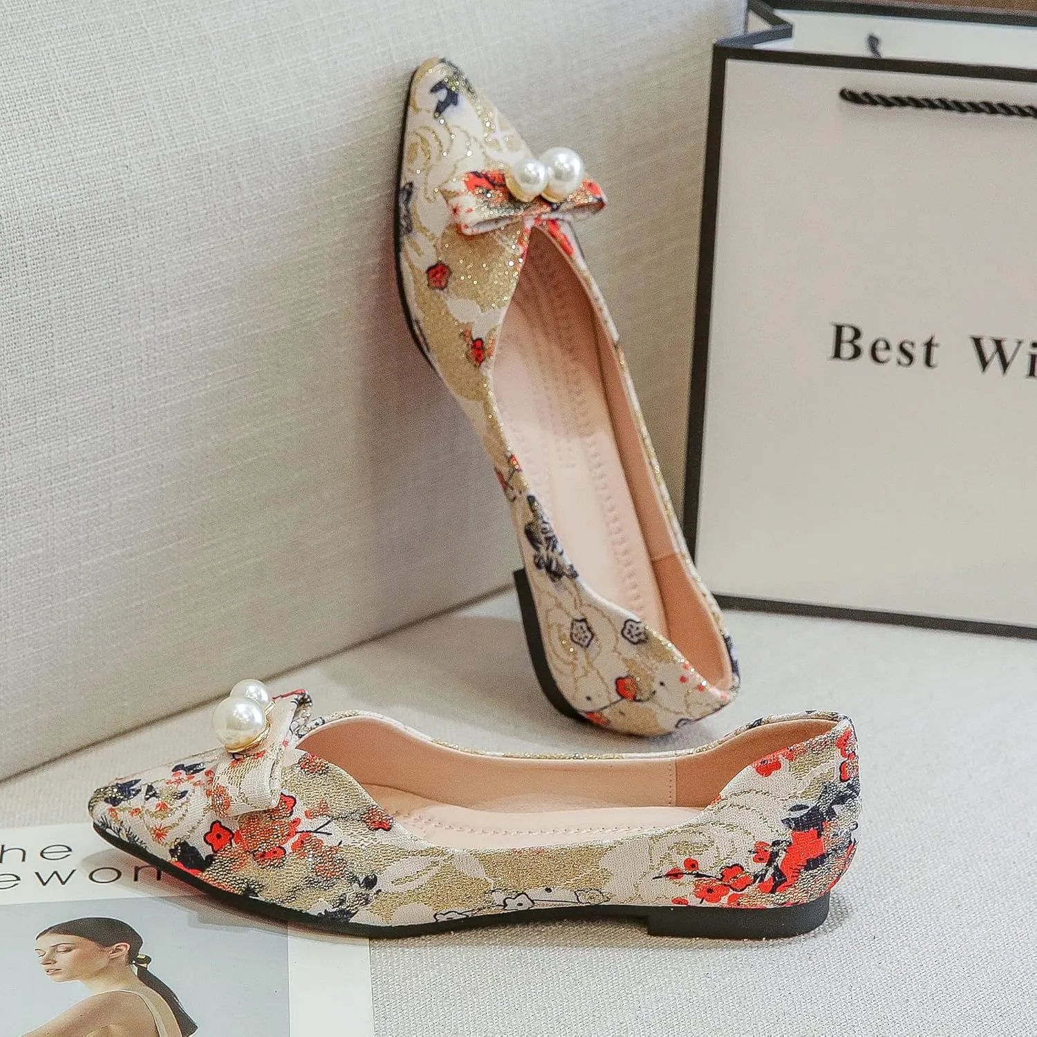 SAILING LU Bow-Knot Ballet Flats for Women Pointy Toe Sequins Dressy Shoes Womens Comfortable Slip on Loafers Light Weight