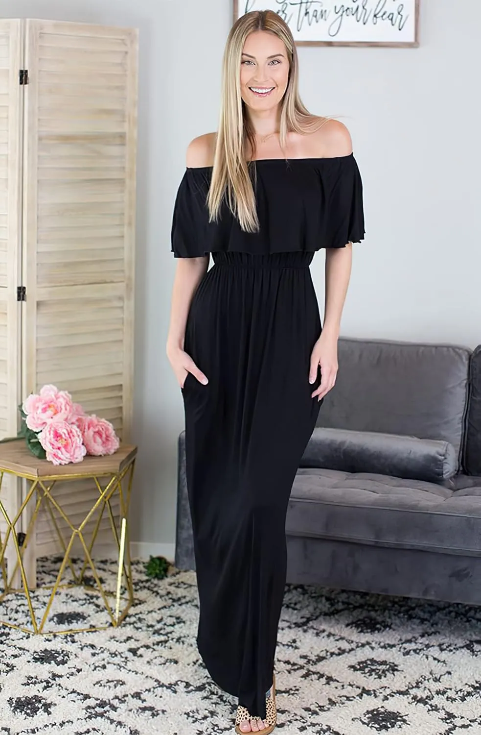 Sarin Mathews Womens Off The Shoulder Ruffle Party Dress Casual Side Split Beach Long Maxi Dresses with Pockets