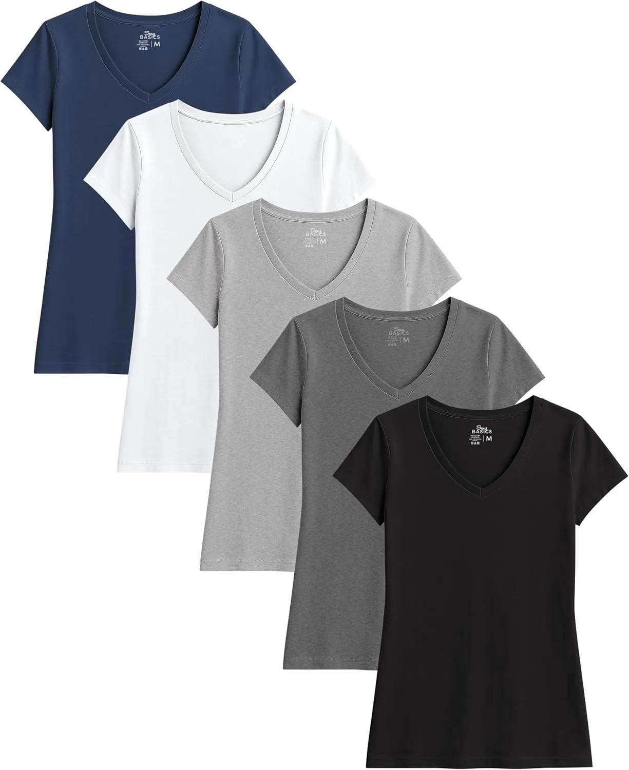 Sexy Basics Women's 5 & 10 Pack Casual & Active Cotton Stretch V Neck Short Sleeve Shirts