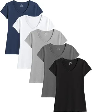 Sexy Basics Women's 5 & 10 Pack Casual & Active Cotton Stretch V Neck Short Sleeve Shirts