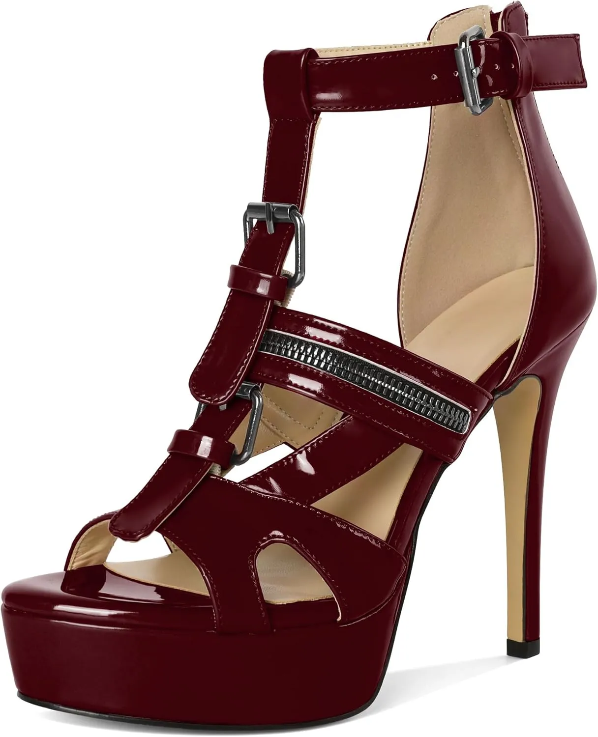 Soireelady Women's Platform High Heels Gothic Sandals Open Toe T-strap Stiletto Heels Peep Toe Punk Heeled Sandals 5 Inch