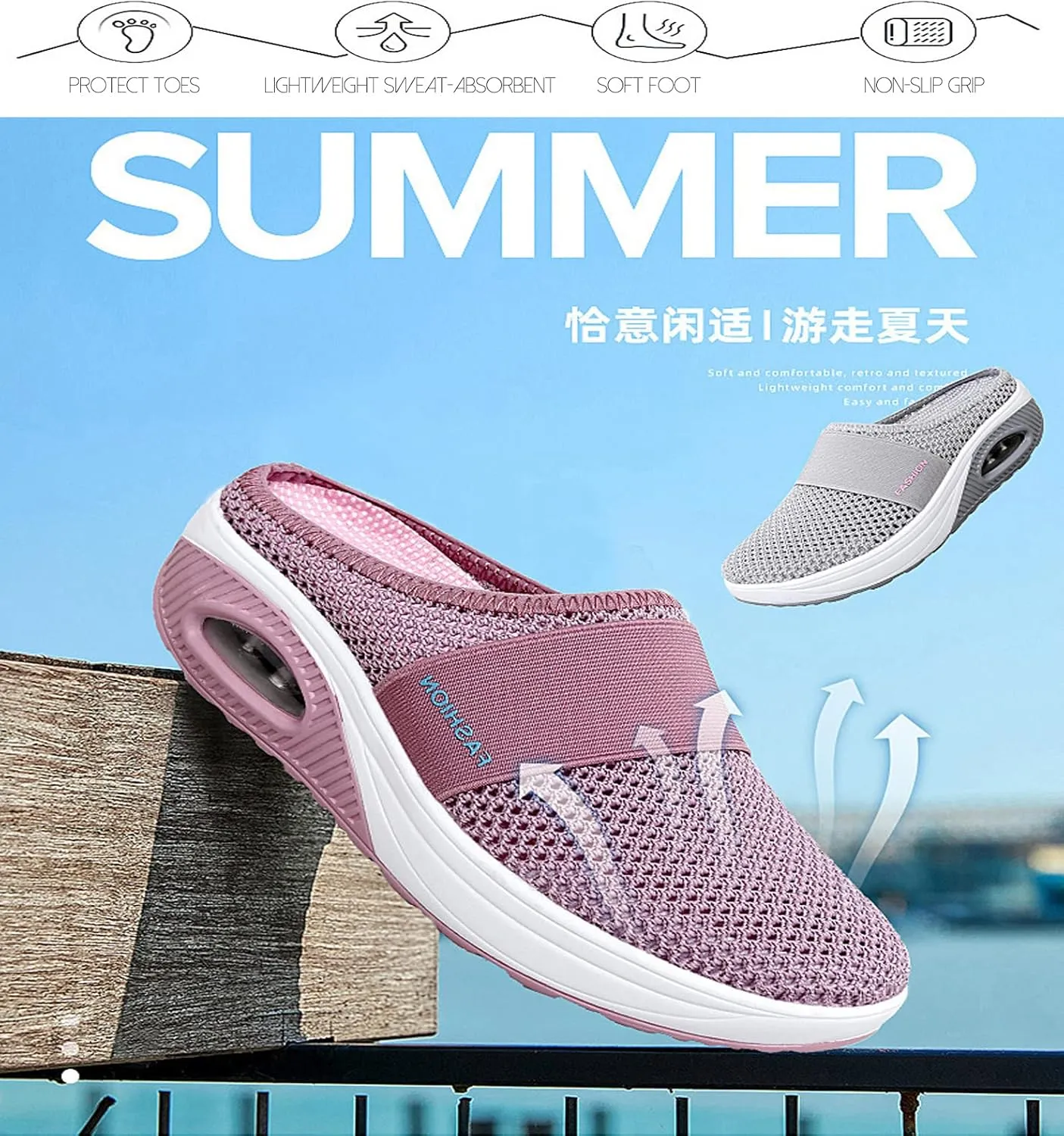 SOLPNOW Women's Air Cushion Slip-on Orthopedic Diabetic Walking Shoes,Breathable with Arch Support Wedge Platform Slipper