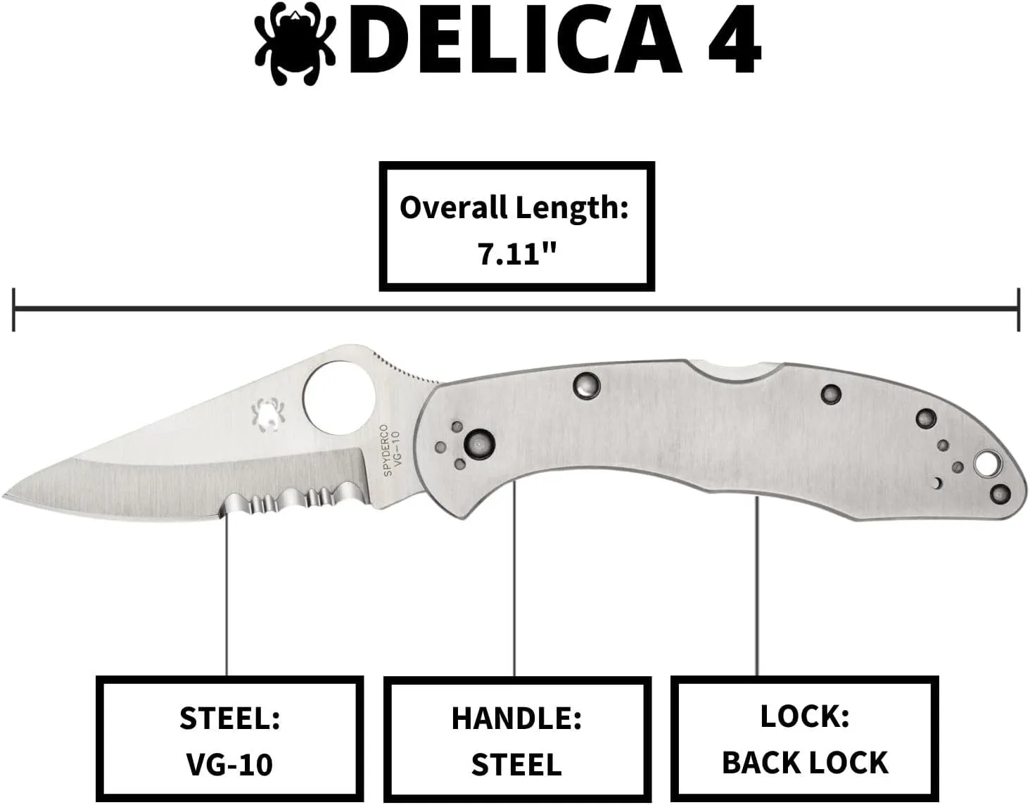 Spyderco Delica 4 Signature Knife with 2.95" Saber-Ground VG-10 Steel Blade and Durable Stainless Steel Handle - C11P