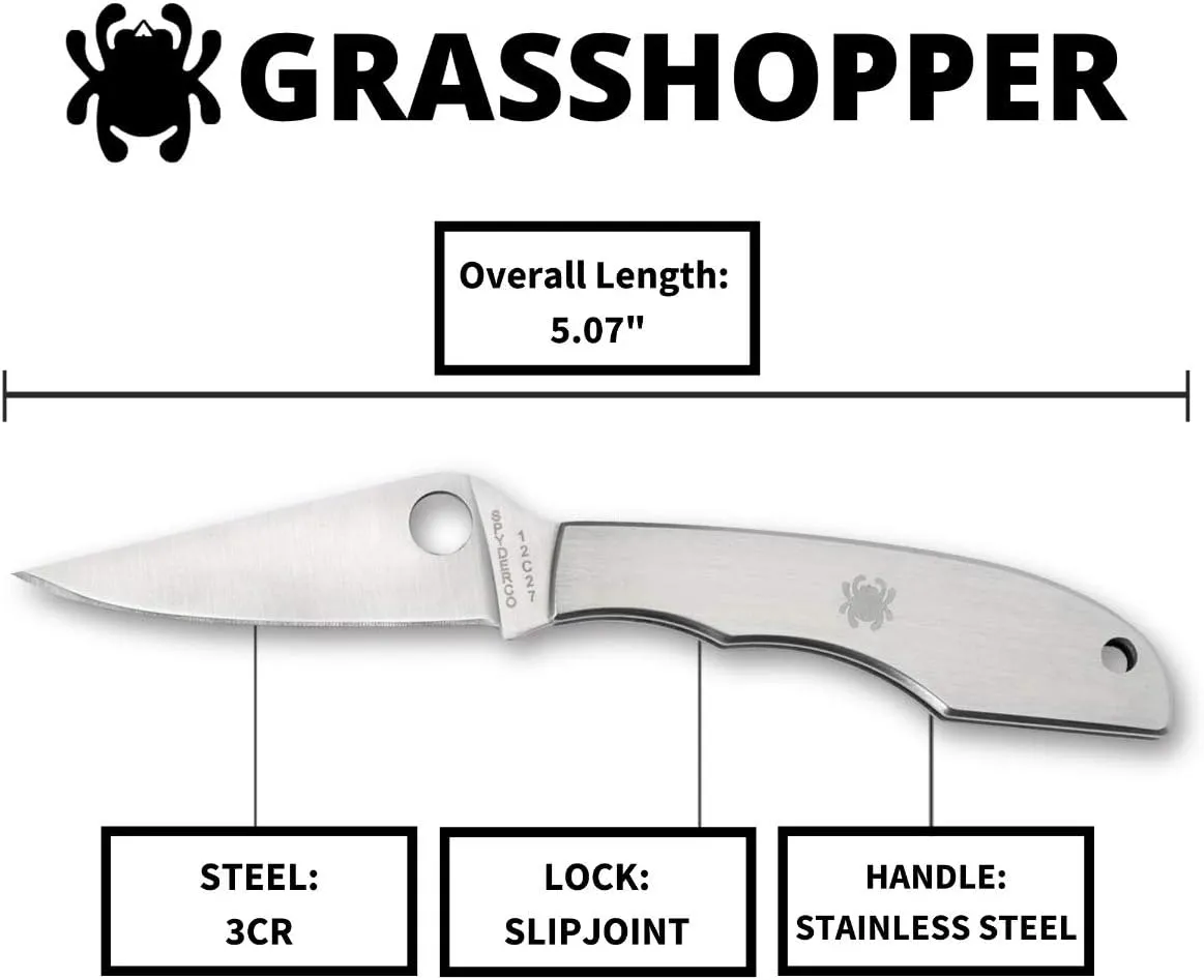 Spyderco Grasshopper Non-Locking Knife with 2.30" 3CR Steel Blade and Durable Stainless Steel Handle - PlainEdge - C138P