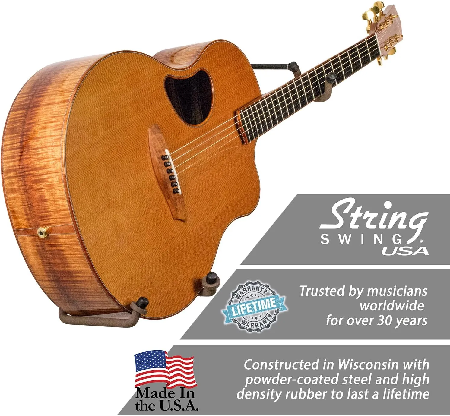String Swing Guitar Holder Low-Profile Wide-Body for Horizontal Flat Wall Mount - 1 Piece Unit CC151-LPW-FW