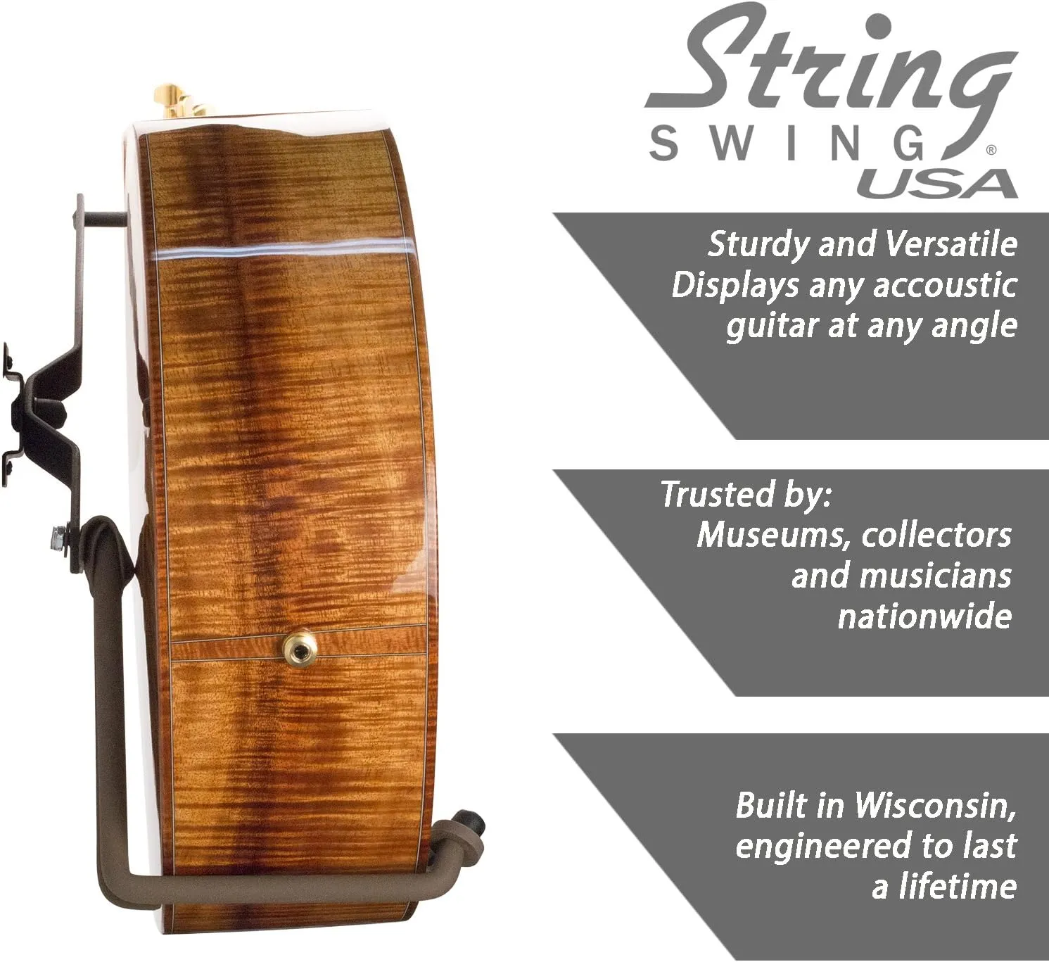 String Swing Guitar Holder Low-Profile Wide-Body for Horizontal Flat Wall Mount - 1 Piece Unit CC151-LPW-FW