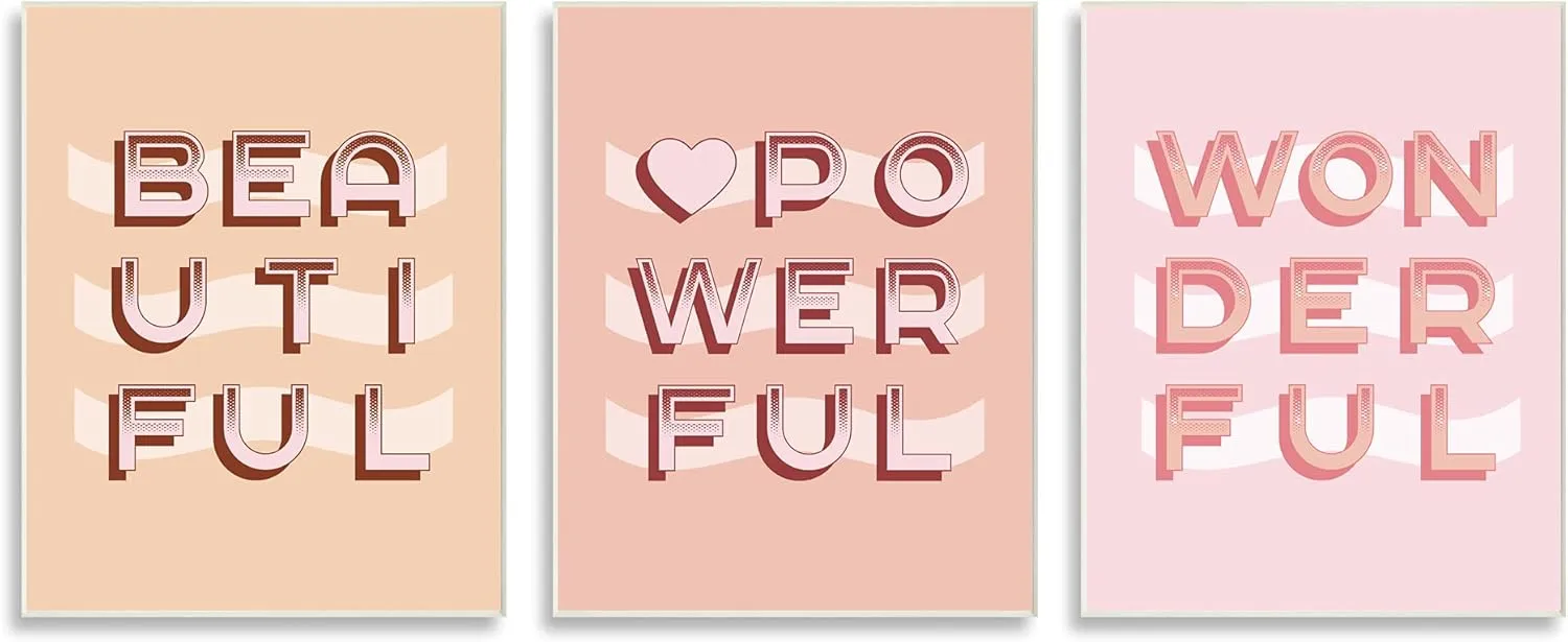 Stupell Industries Beautiful Powerful Wonderful Encouragement Pink White Heart, Designed by Daphne Polselli Wall Plaque, 3pc, Each 13 x 19