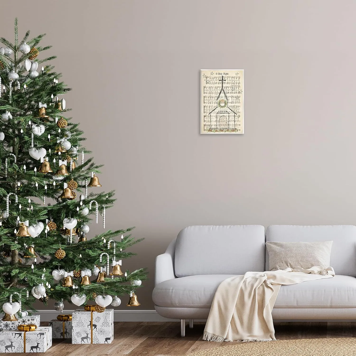 Stupell Industries Festive Winter Church Holy Night Musical Script, Designed by Andi Metz Wall Plaque, 13 x 19, Tan