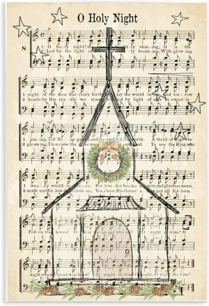 Stupell Industries Festive Winter Church Holy Night Musical Script, Designed by Andi Metz Wall Plaque, 13 x 19, Tan