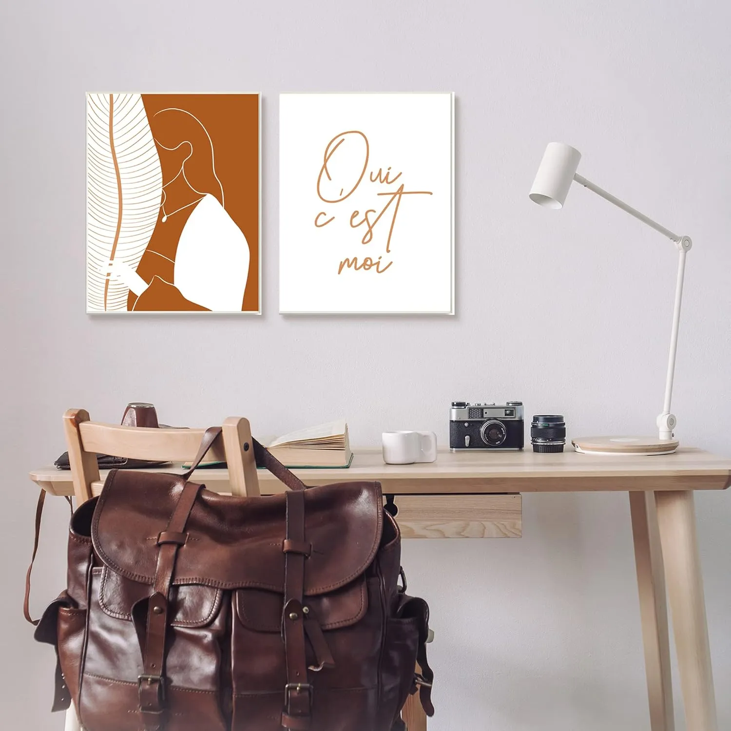 Stupell Industries Oui C'est Moi French Phrase Woman Behind Palms, Designed by Birch&Ink Wall Plaque, 2pc, Each 13 x 19, Orange