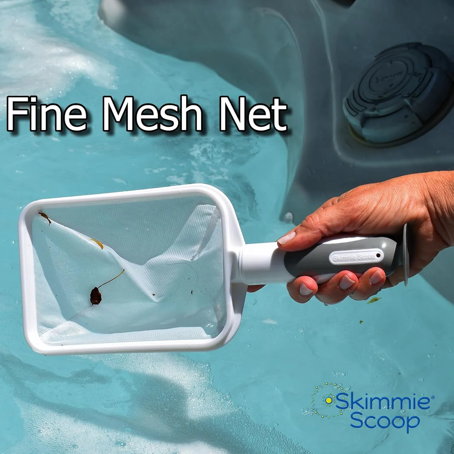 The Skimmie Scoop - Patented Handheld Skimmer with Fine Mesh Net for Spa, Hot Tub, Cold Plunge and Small Pool Cleaning - Lightweight and Durable with Powerful Suction Cup - Clean Out Filter (White)