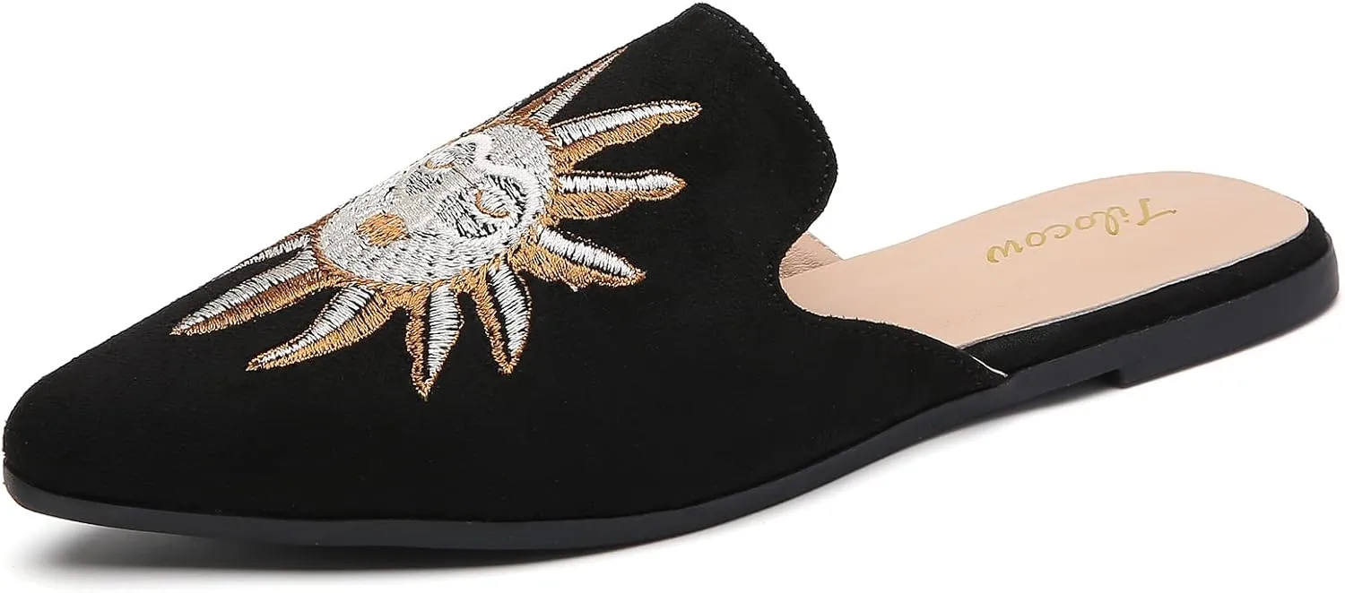 Tilocow Mules for Woman Comfortable Pointed Toe Backless Loafers Flat Mule Business Casual Shoes Slides Slip on