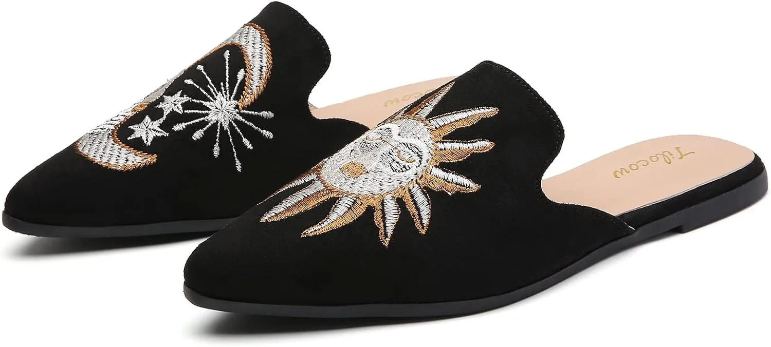 Tilocow Mules for Woman Comfortable Pointed Toe Backless Loafers Flat Mule Business Casual Shoes Slides Slip on