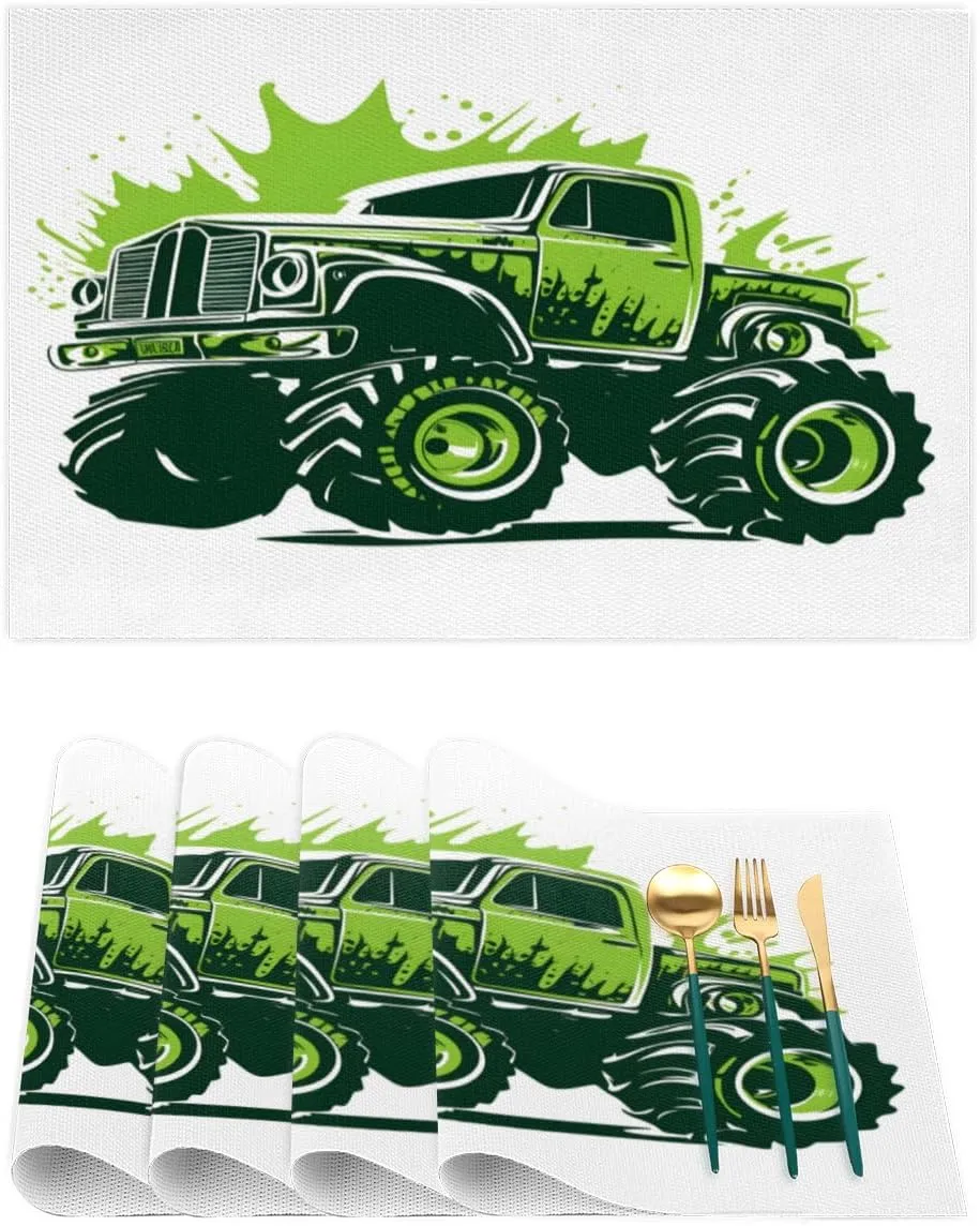TropicalLife Cartoon Mountain Buggy Placemats Set of 4, Placemats for Dining Table, Washable Vinyl Woven Table Mats, Heat Resistant Durable Placemats