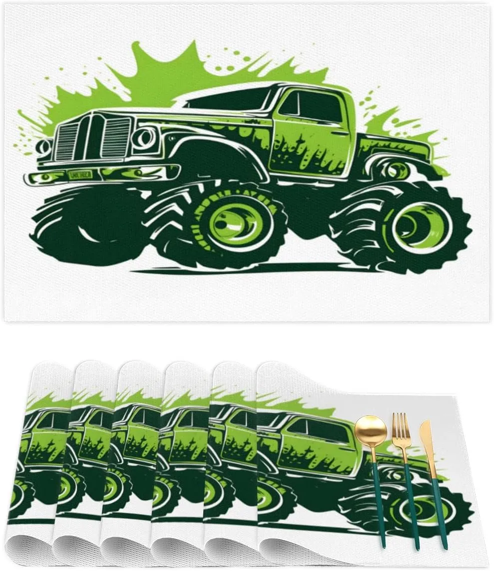 TropicalLife Cartoon Mountain Buggy Placemats Set of 4, Placemats for Dining Table, Washable Vinyl Woven Table Mats, Heat Resistant Durable Placemats