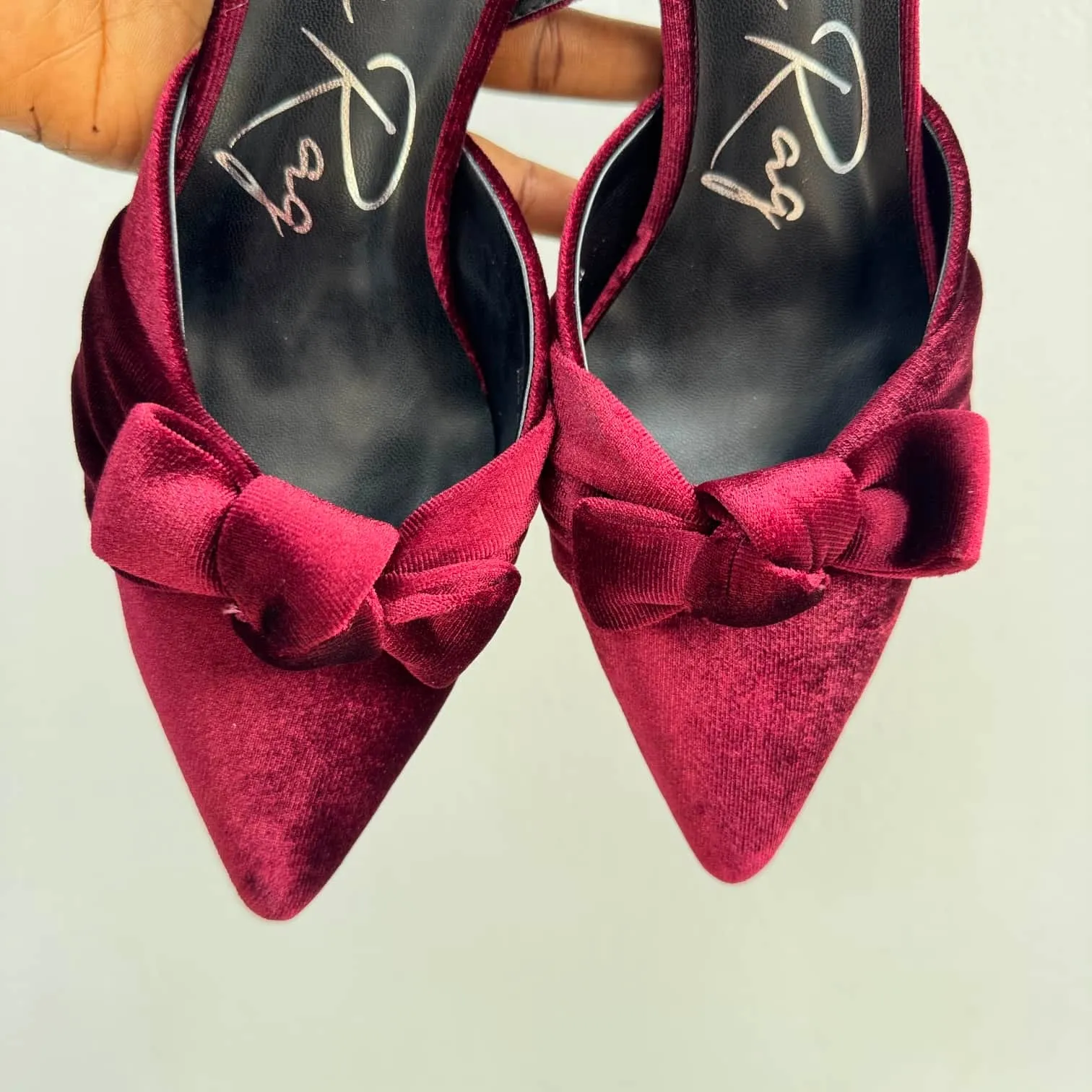 Velvet Bow Detail Pointed Toe Slingback Kitten Heels - Size 38, 39, 40