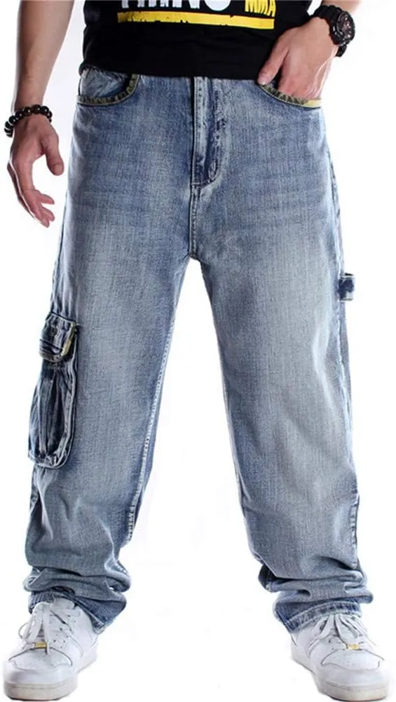 Veroders Men's Baggy Hip Hop Blue Jeans Loose Skateboard Pants Straight Baggy Skater Jeans for Men