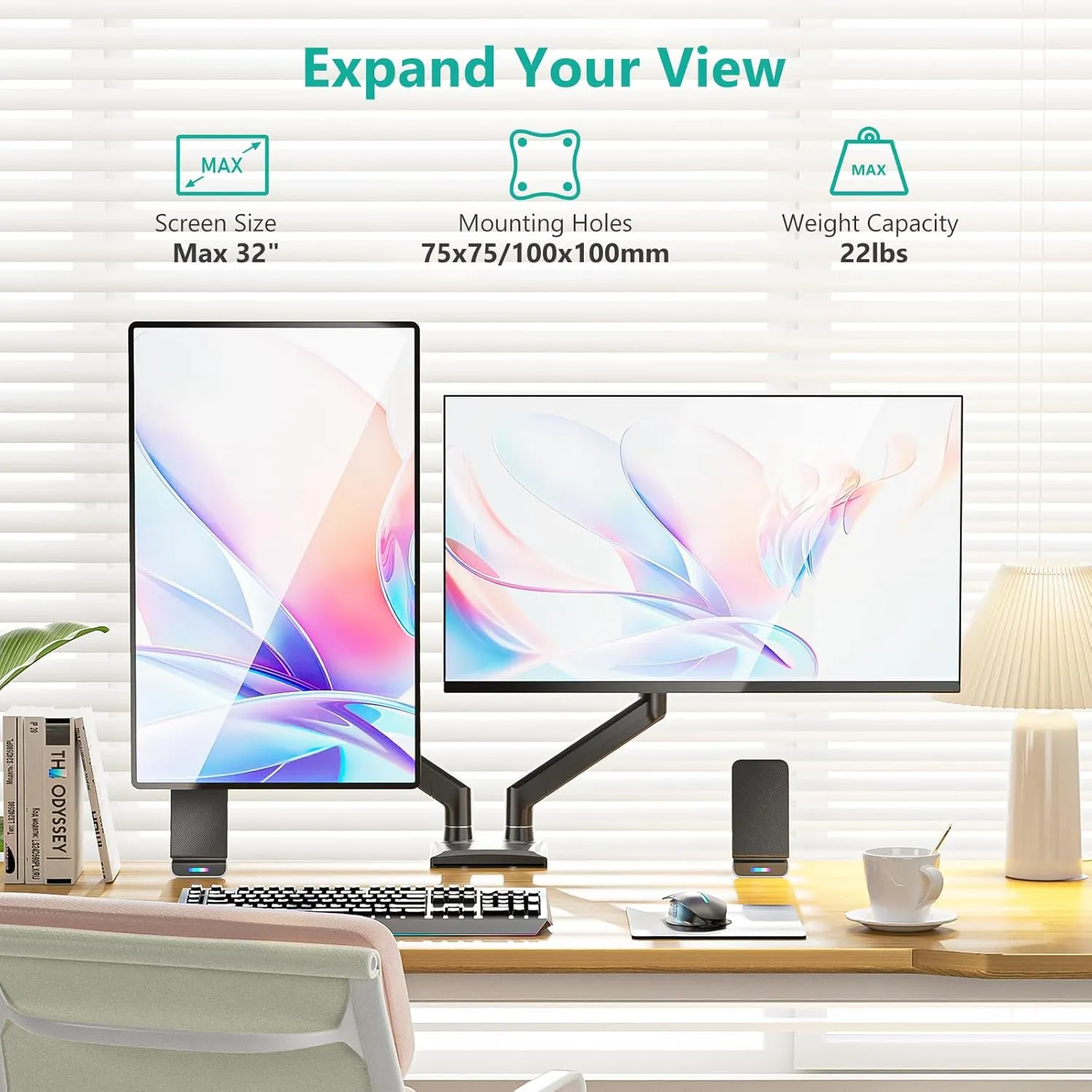 WALI Dual Monitor Mount, Adjustable Gas Spring Monitor Desk Stand for 2 Monitors, Heavy Duty Monitor Arm up to 32 Inch Screen, Hold up to MAX 22lbs, Max Mounting Holes 100x100mm (GSMP002N), Black