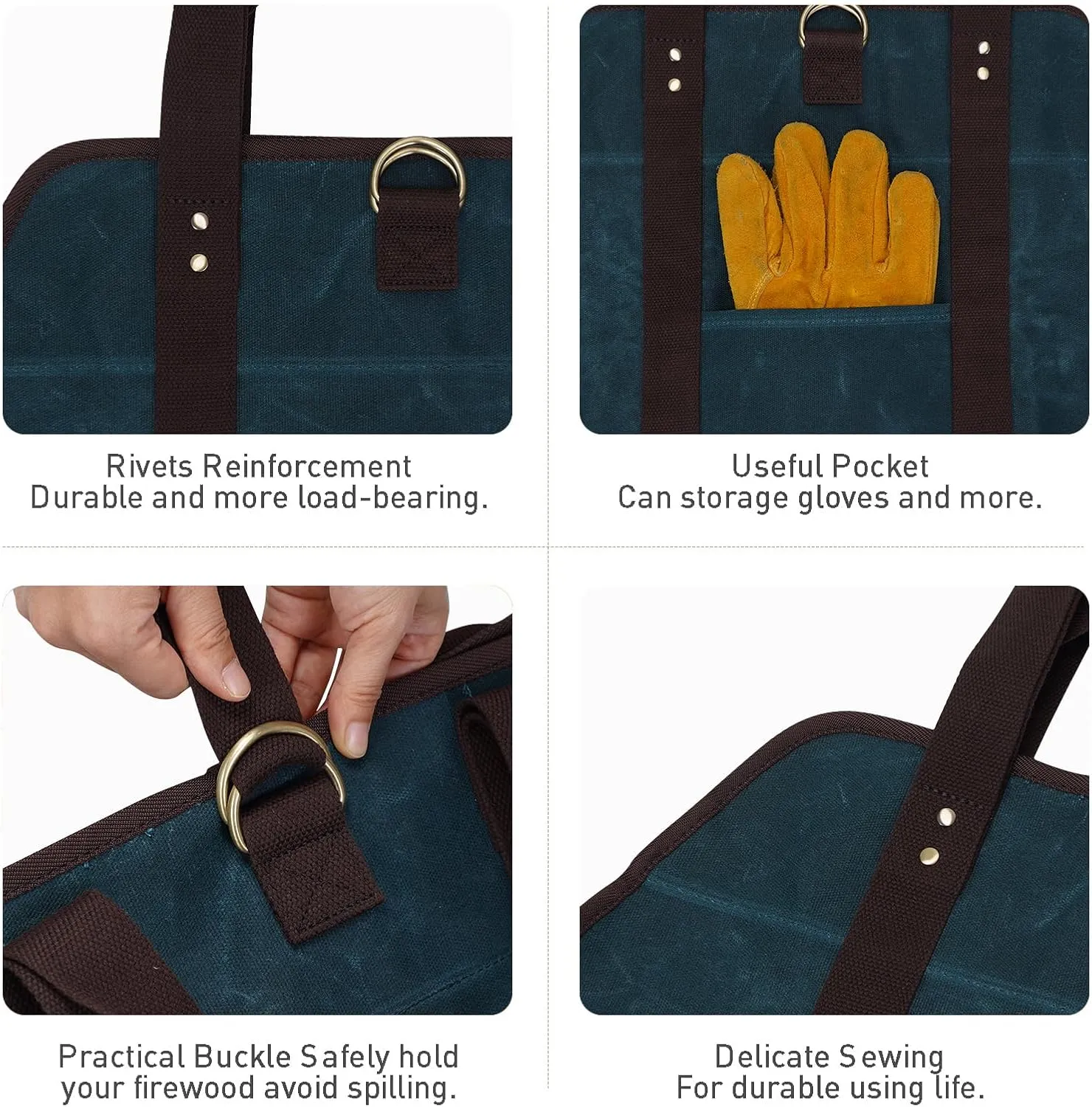 Waxed Canvas Log Carrier Tote Bag, Extra Large Durable Firewood Holder with Handles and Shoulder Strap - DarkBlue