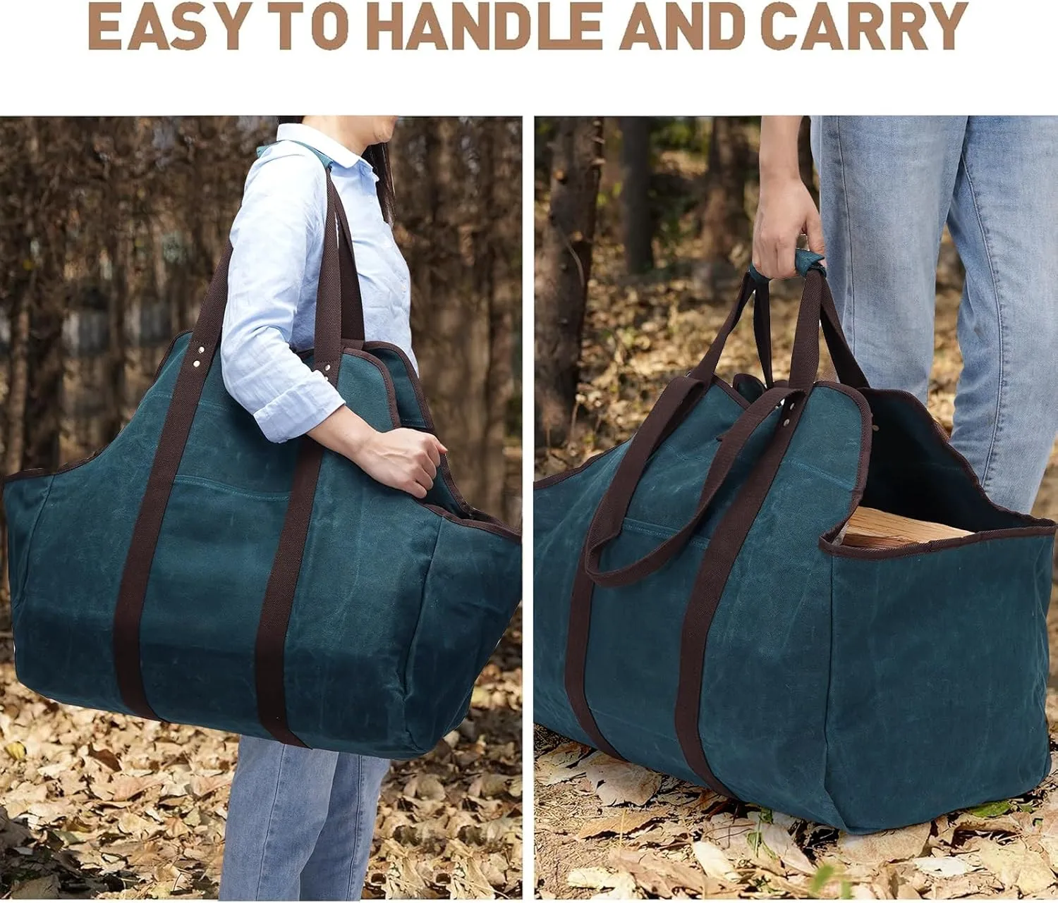 Waxed Canvas Log Carrier Tote Bag, Extra Large Durable Firewood Holder with Handles and Shoulder Strap - DarkBlue