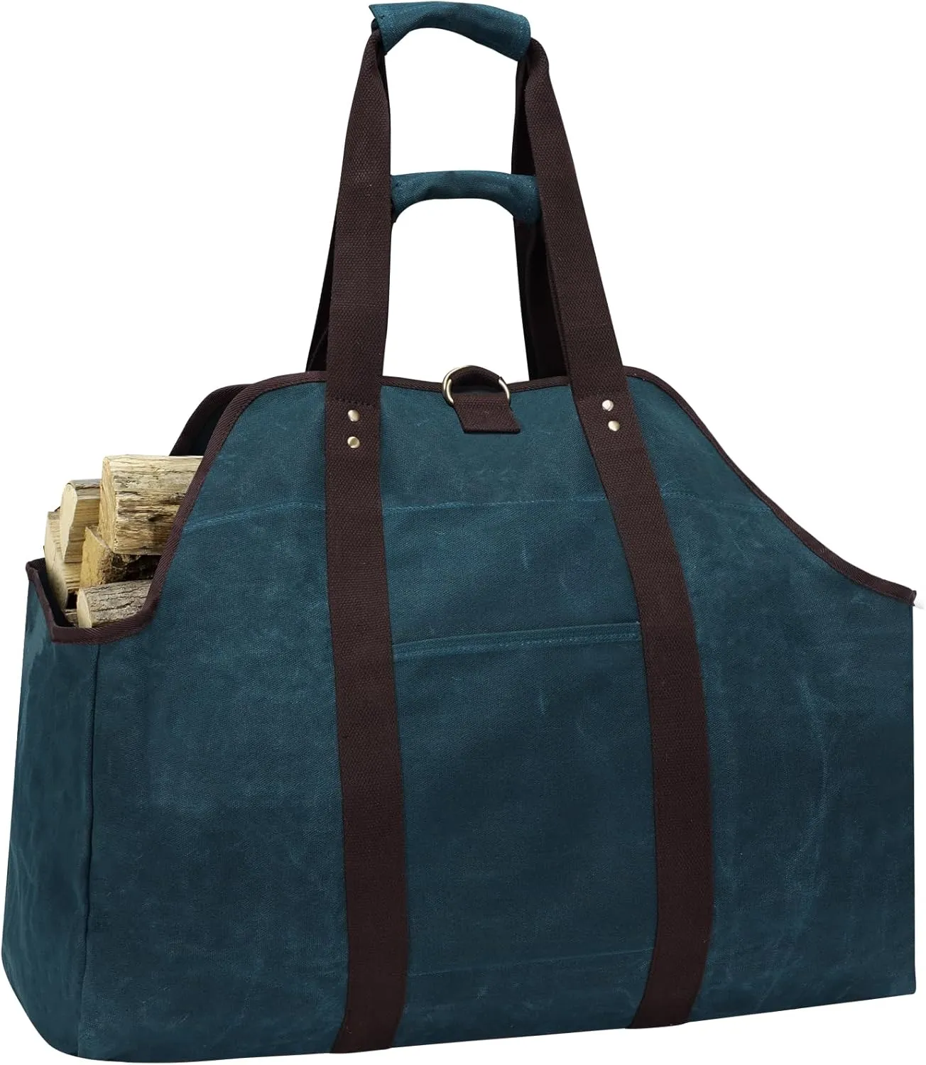 Waxed Canvas Log Carrier Tote Bag, Extra Large Durable Firewood Holder with Handles and Shoulder Strap - DarkBlue