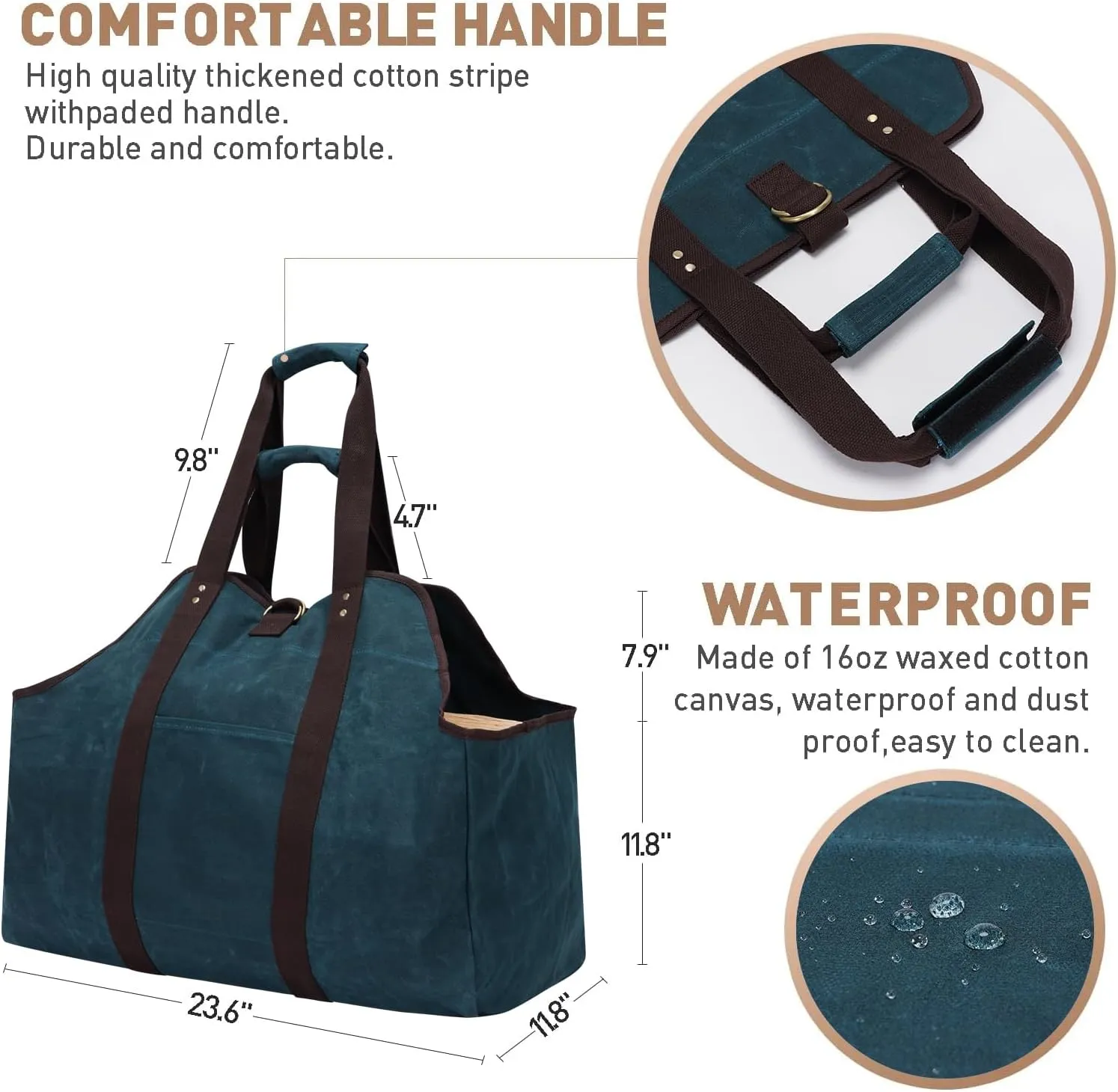Waxed Canvas Log Carrier Tote Bag, Extra Large Durable Firewood Holder with Handles and Shoulder Strap - DarkBlue