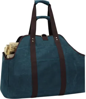 Waxed Canvas Log Carrier Tote Bag, Extra Large Durable Firewood Holder with Handles and Shoulder Strap - DarkBlue