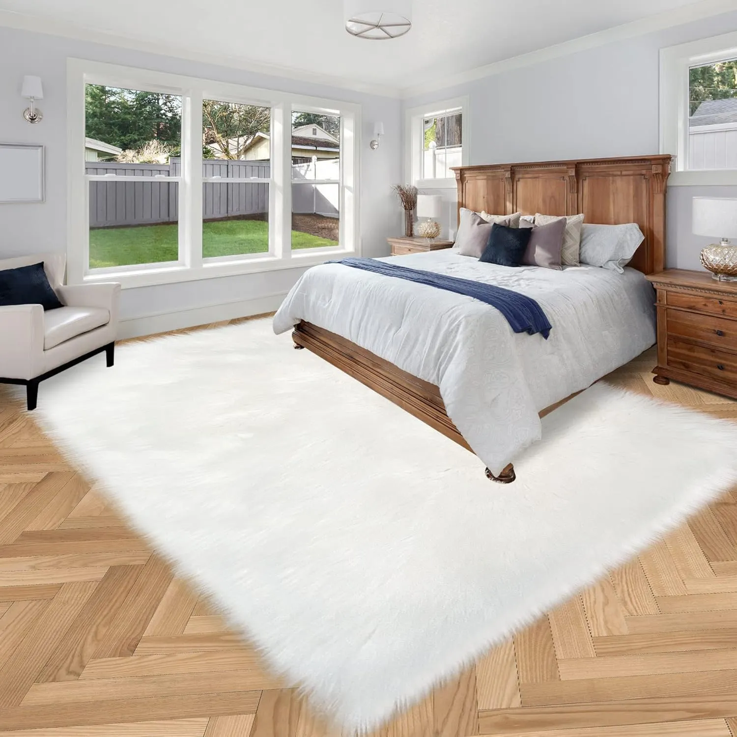 White Faux Fur Rug 6x9 Feet Fluffy Area Rug for Living Room Bedroom Kids Room Nursery Large Washable Faux Fuzzy Sheepskin Rug Floor Durable Shaggy Carpet, Rectangle