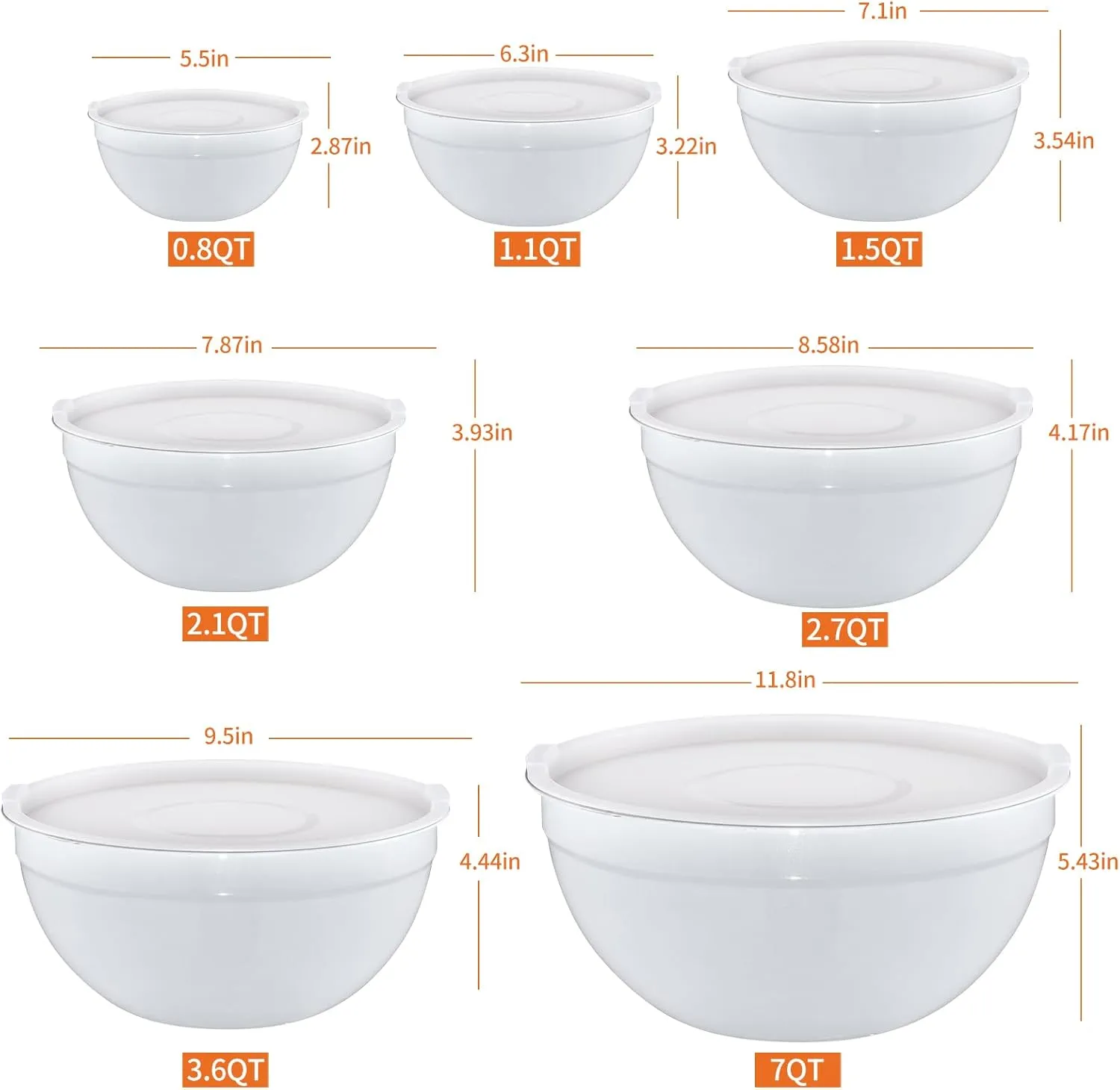 White Mixing Bowls With Airtight Lids,Stainless Steel Bowl,Salad Bowls 7 Piece Colorful Nesting Bowl Rainbow Kitchen Accessories,Size 7,3.6,2.7,2.1,1.5,1.1,0.8QT Stackable Design